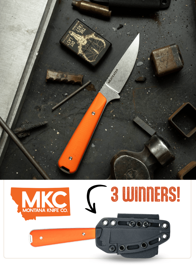 3 winners MKC Flattail Knife on black surface with scattered scrap metal